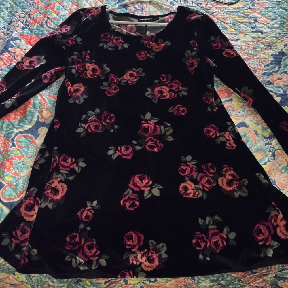 Black floral long sleeve suede dress